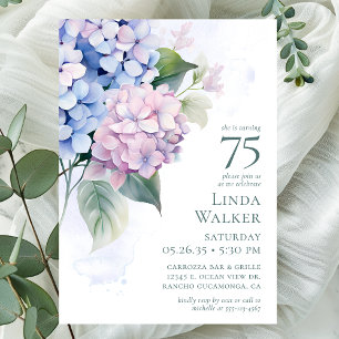 Pink Blue Hydrangeas 75th Birthday Party Invitation