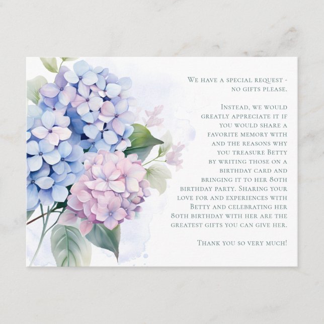 Pink Blue Hydrangeas 80e carte d'anniversaire Dema (Devant)
