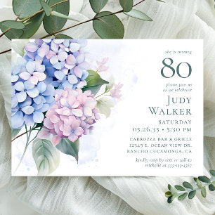 Pink Blue Hydrangeas 80th Birthday Party Invitation