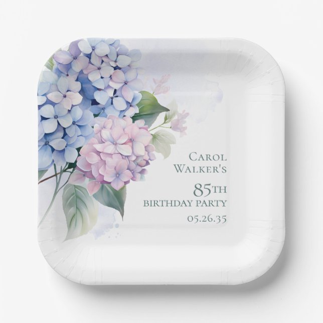 Pink Blue Hydrangeas 85th Birthday Paper Plate (Front)