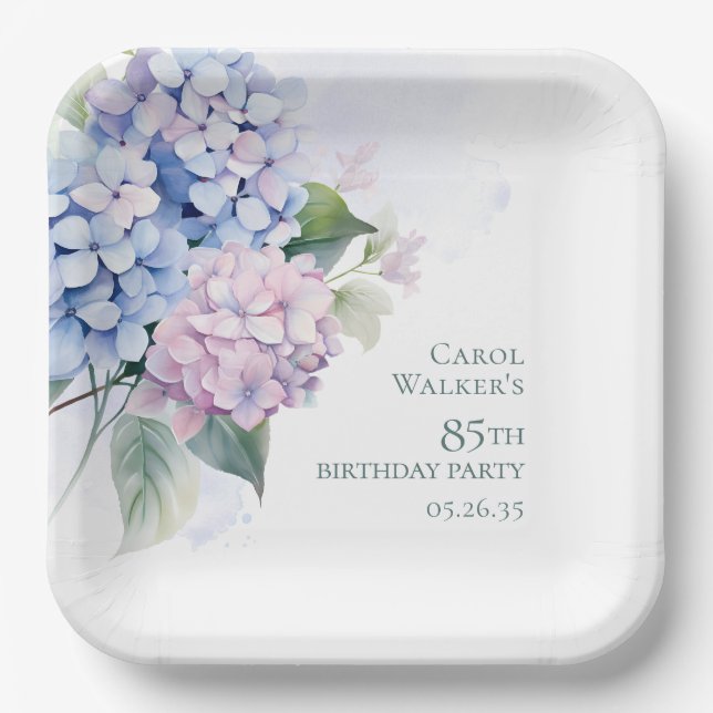 Pink Blue Hydrangeas 85th Birthday Paper Plate (Front)