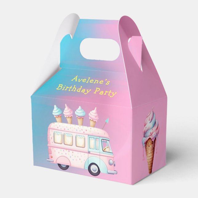 Pink Blue Ice Cream Truck Birthday Party Favor Box (Front Side)