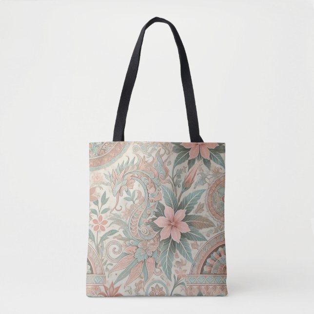 Pink Blue Indonesian Batik Floral Pattern  Tote Bag (Front)