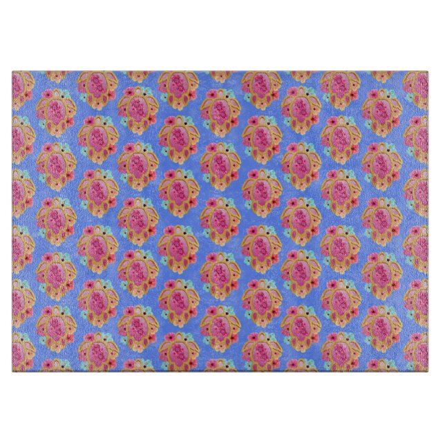 Pink Blue Island Tropical Sea Turtles Floral Cutting Board (Front)