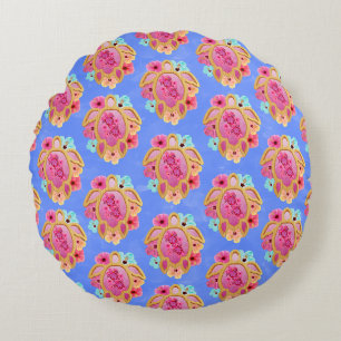 Pink Blue Island Tropical Sea Turtles Floral Round Pillow