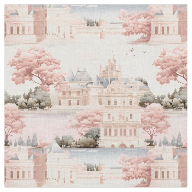 Pink, Blue & Ivory Landscape Fabric (Close Up)