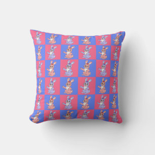Pink Blue Kawaii Cute Checkered Bunny Rabbit Throw Pillow