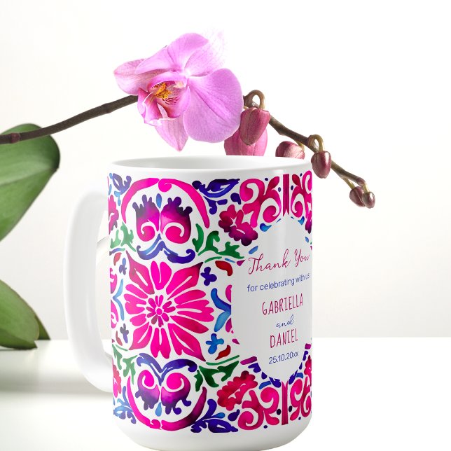 Pink blue Majolica Spanish Mexican tile favour gif Coffee Mug (Pink blue Mexican Spanish Talavera tiles favor gift personalized mugs colorful modern watercolor)