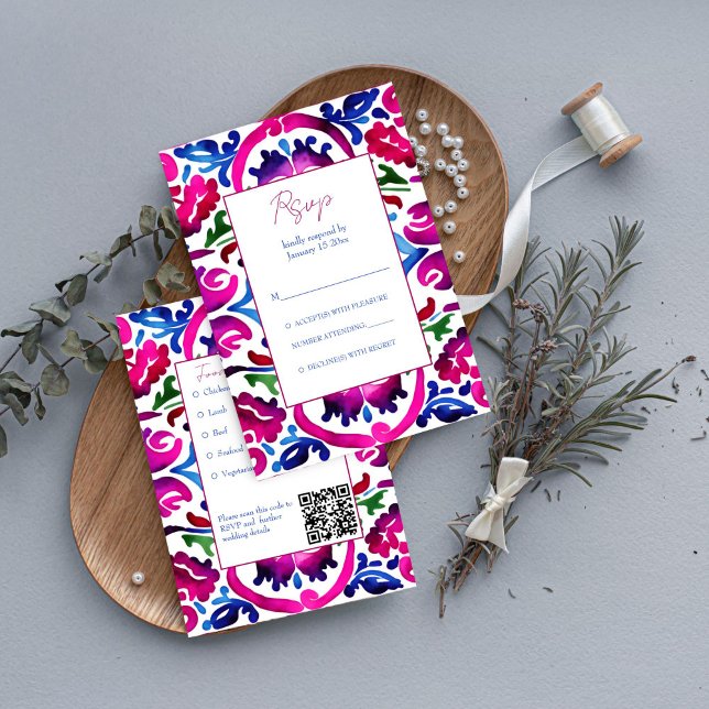 Pink blue Mexican Talavera tiles wedding RSVP Enclosure Card (Pink magenta blue Mexican Talavera tiles wedding RSVP Card Mediterranean Spanish themed wedding RSVP)