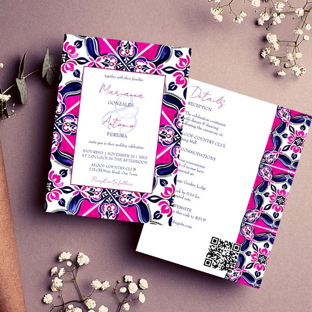 Pink blue Mexican tile all in one wedding template (Pink blue Mexican Talavera Majolica tile all in one wedding template invitation digital download)