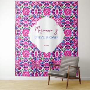 Pink blue Mexican tiles bridal shower backdrop Tapestry