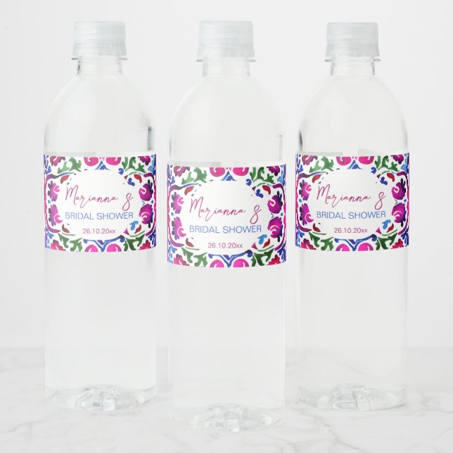 Pink blue Mexican tiles bridal shower personalized Water Bottle Label (Bottles)