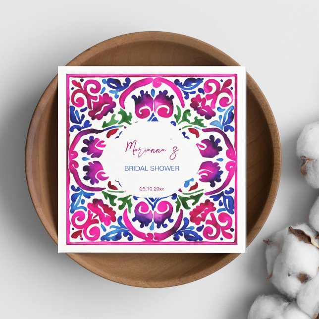 Pink blue Mexican tiles bridal shower tableware Napkin (Magenta pink blue Mexican Spanish Talavera tiles bridal shower tableware personalized napkins fiesta)