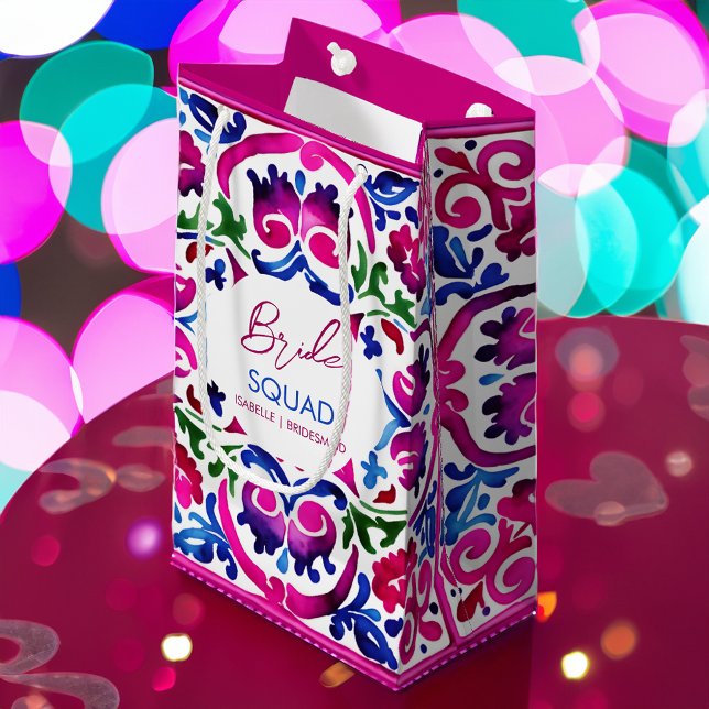 Pink blue Mexican tiles bride squad bachelorette  Small Gift Bag (Mexican Talavera tiles pattern pink blue bridesmaid gift bag Fiesta Mexicana themed bachelorette)