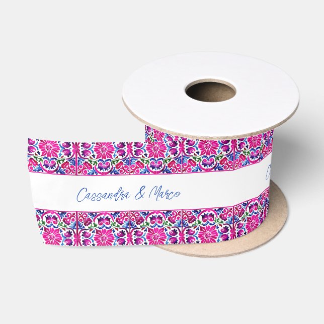 Pink blue Mexican tiles personalized name gift Satin Ribbon (Spool)