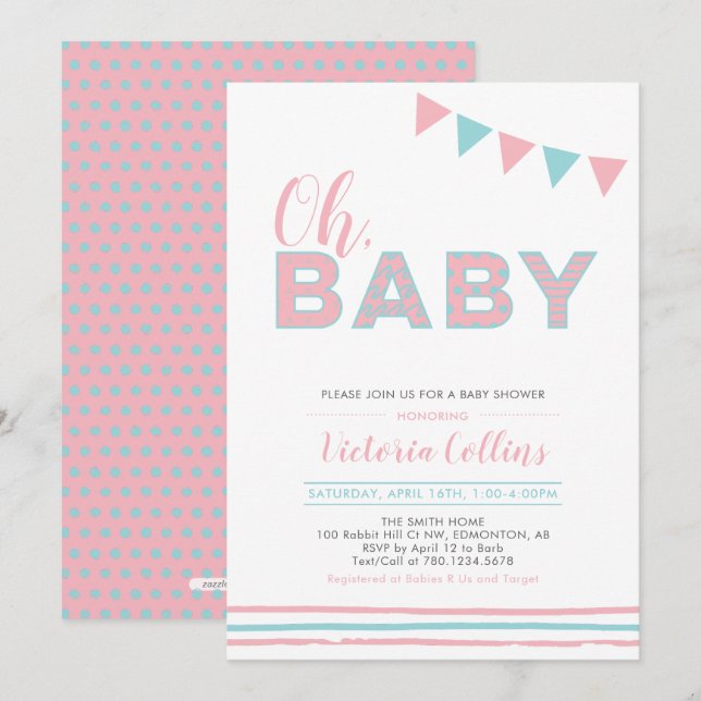 Pink & Blue | Modern Typography Girl Baby Shower Invitation (Front/Back)