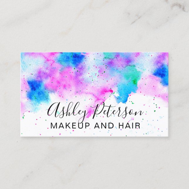 Pink blue modern watercolor brushstrokes makeup business card (Front)