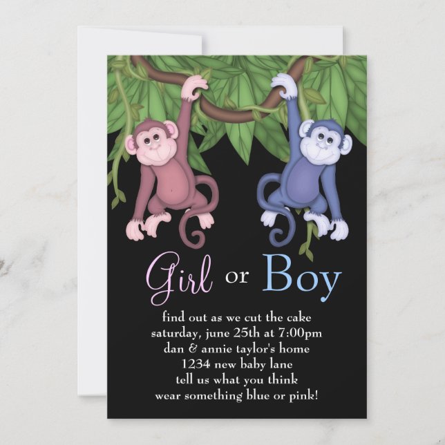 Pink Blue Monkey Gender Reveal Party Invitations (Front)