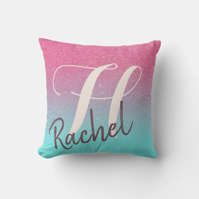 Pink Blue Monogram Name Dream Glitter Reversible Throw Pillow (Front)