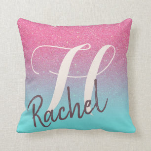 Pink Blue Monogram Name Dream Glitter Reversible Throw Pillow