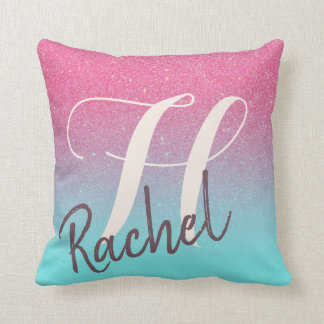 Pink Blue Monogram Name Dream Glitter Reversible Throw Pillow