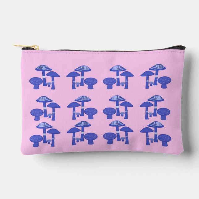 'Pink & Blue Mushroom' Print Cosmetic Bag (Front)