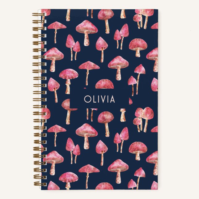 Pink Blue Mushroom Watercolor Pattern Notebook (Front)