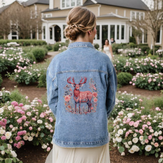Pink Blue Nordic Boho Reindeer Floral Denim Jacket