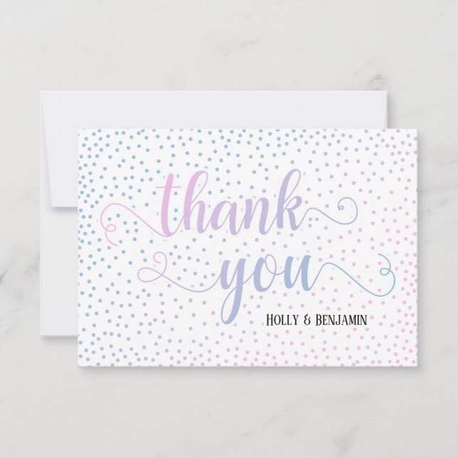 Pink & Blue Ombré Confetti and Script Baby Shower Thank You Card (Front)