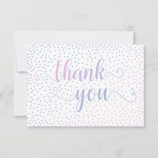 Pink & Blue Ombré Confetti and Script Baby Shower Thank You Card (Front)
