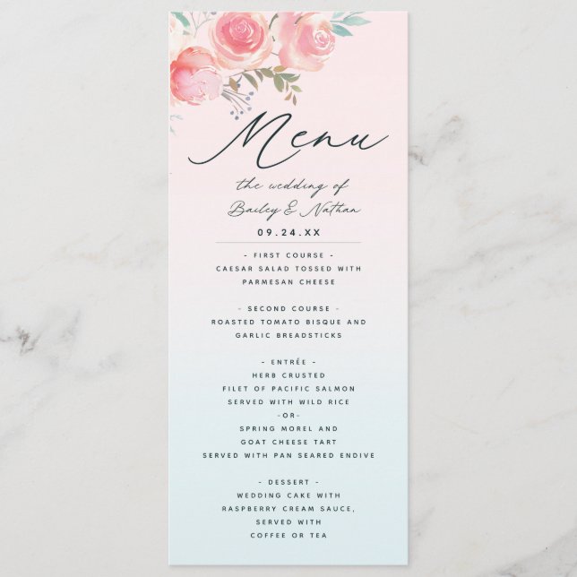 Pink Blue Ombre French Garden Floral Peony Dinner Menu (Front)
