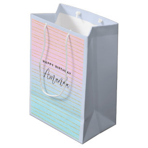 Pink Blue Ombre with Gold Lines Birthday Medium Gift Bag