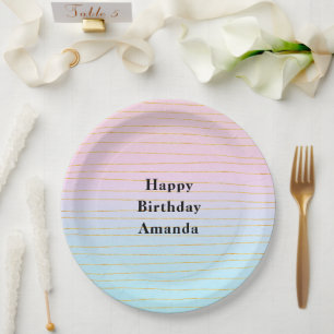 Pink Blue Ombre with Gold Lines Birthday Paper Plate