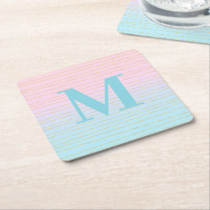 Pink Blue Ombre with Gold Lines Monogram Square Paper Coaster