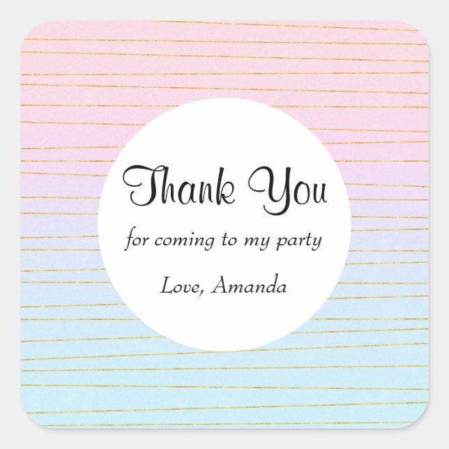 Pink Blue Ombre with Gold Lines Party Thank You Square Sticker (Front)