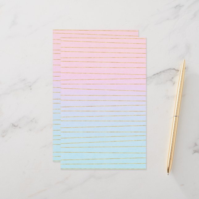 Pink Blue Ombre with Gold Lines Stationery (Front/Back In Situ)