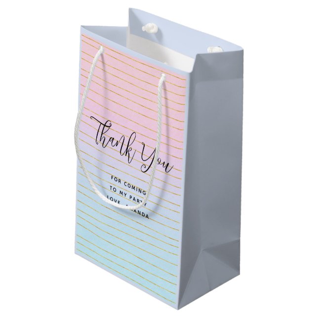 Pink Blue Ombre with Gold Lines Thank You Small Gift Bag (Back Angled)