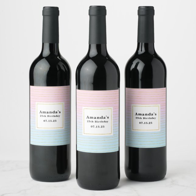 Pink Blue Ombre with Thin Gold Lines Birthday Wine Label (Bottles)