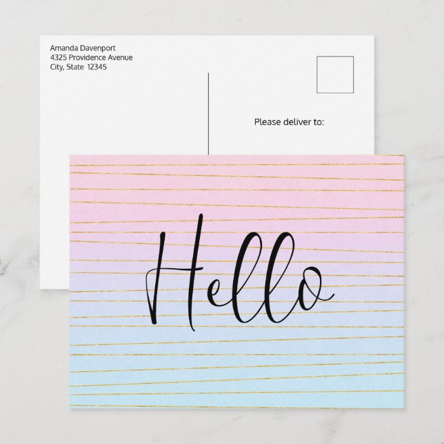 Pink Blue Ombre with Thin Gold Lines Postcard (Front/Back)