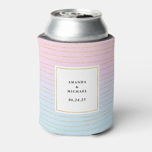 Pink Blue Ombre with Thin Gold Lines Wedding Can Cooler (Can Back)