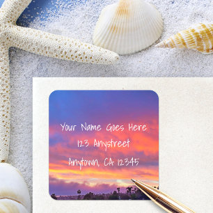 Pink blue orange bold sunset photo return address square sticker
