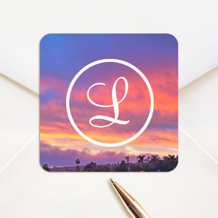 Pink blue orange sunset photo monogram script square sticker