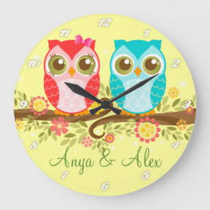 Pink & Blue Owls - Custom Wall Clock
