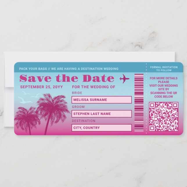 Pink Blue Palms Faux Boarding Pass Save The Date Invitation (Front)