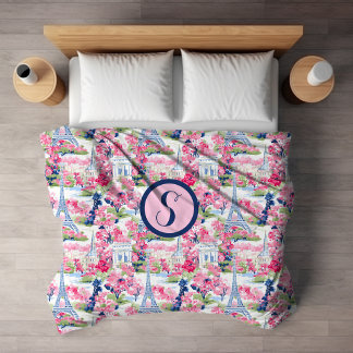 Pink & Blue Paris Patterned Monogram Sherpa Blanket
