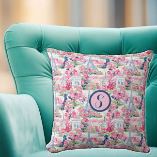 Pink & Blue Paris Patterned Monogram Throw Pillow
