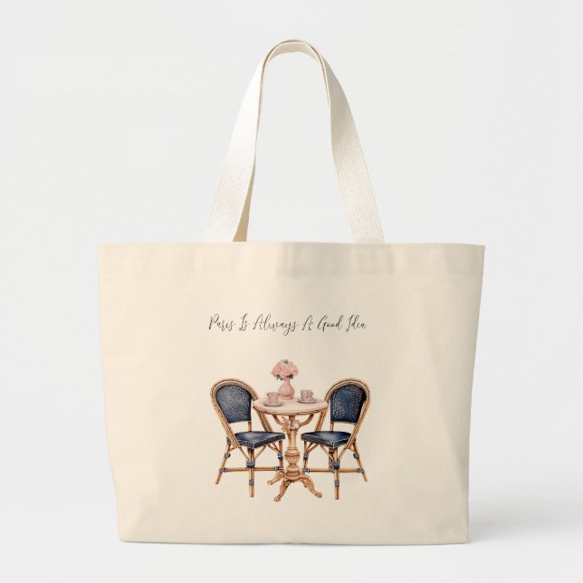 Pink Blue Paris Table Baguettes Large Tote Bag (Front)