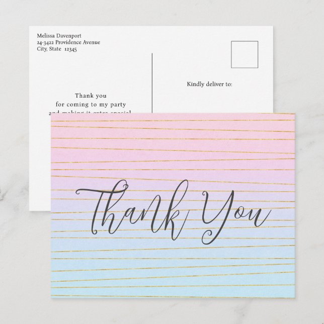 Pink Blue Pastel Gradient with Gold Line Thank You Postcard (Front/Back)