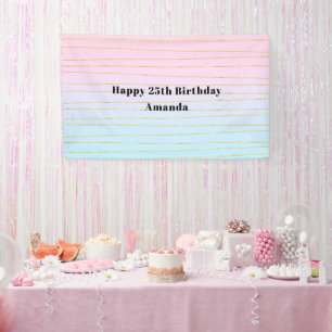 Pink Blue Pastel Gradient with Gold Lines Birthday Banner