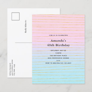 Pink Blue Pastel Gradient with Gold Lines Birthday Invitation Postcard